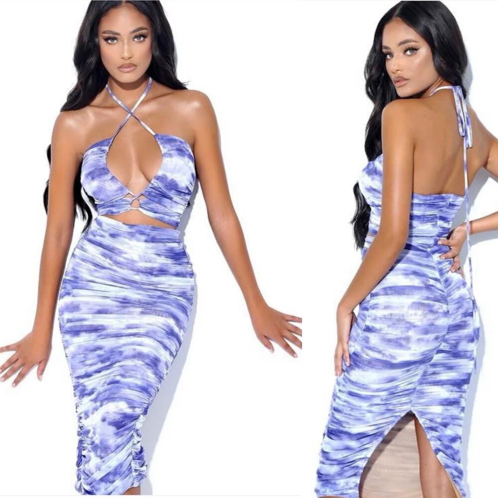 Miss Circle Mesh Halter Ruched Midi Dress in Purple Tie Dye - Size XL